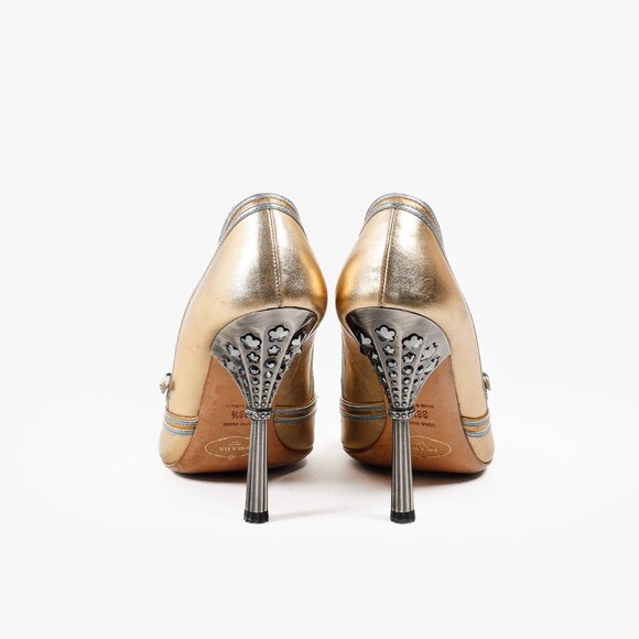 Prada Gold & Silver Mary Jane Embellished Heel Open-Toe Pumps - Picture 2 of 10